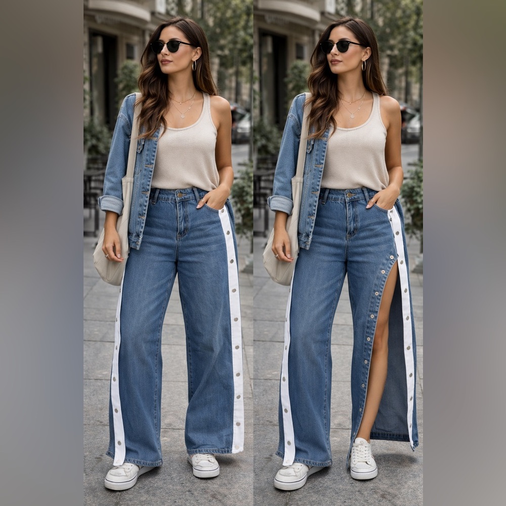 SHEIN Blue Wide Leg Jeans with White Side Detail